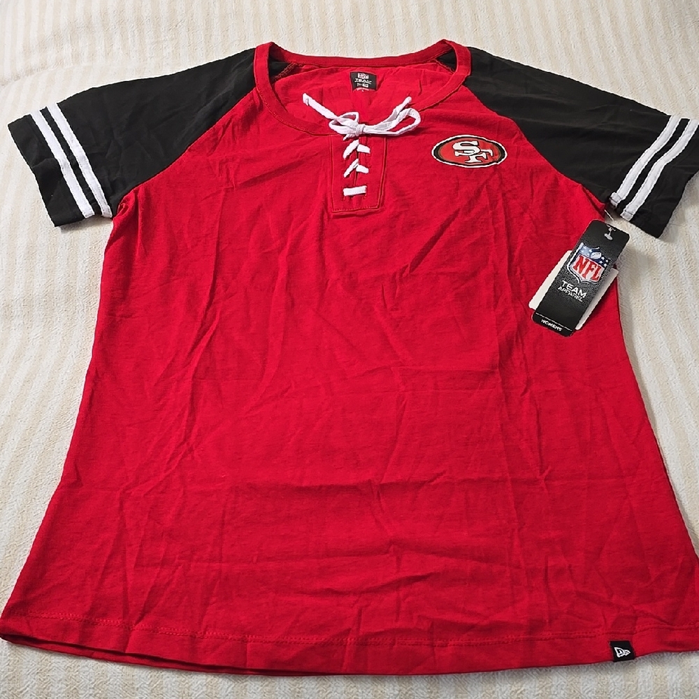 Women's New Era Scarlet San Francisco 49ers Lace-Up Raglan T-Shirt Size:Large